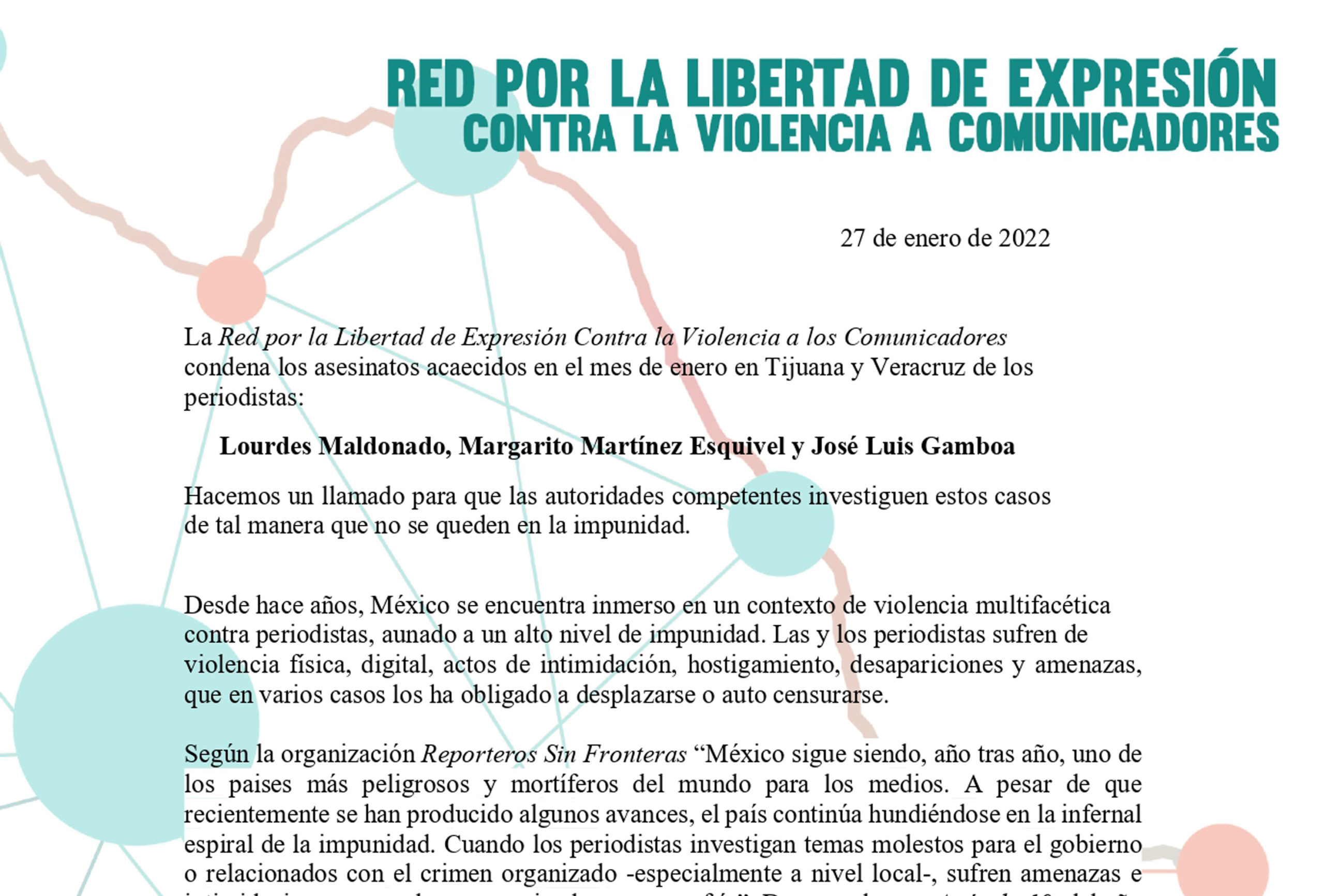 Pronunciamiento de la Red por la Libertad de Expresión Contra la Violencia a los Comunicadores